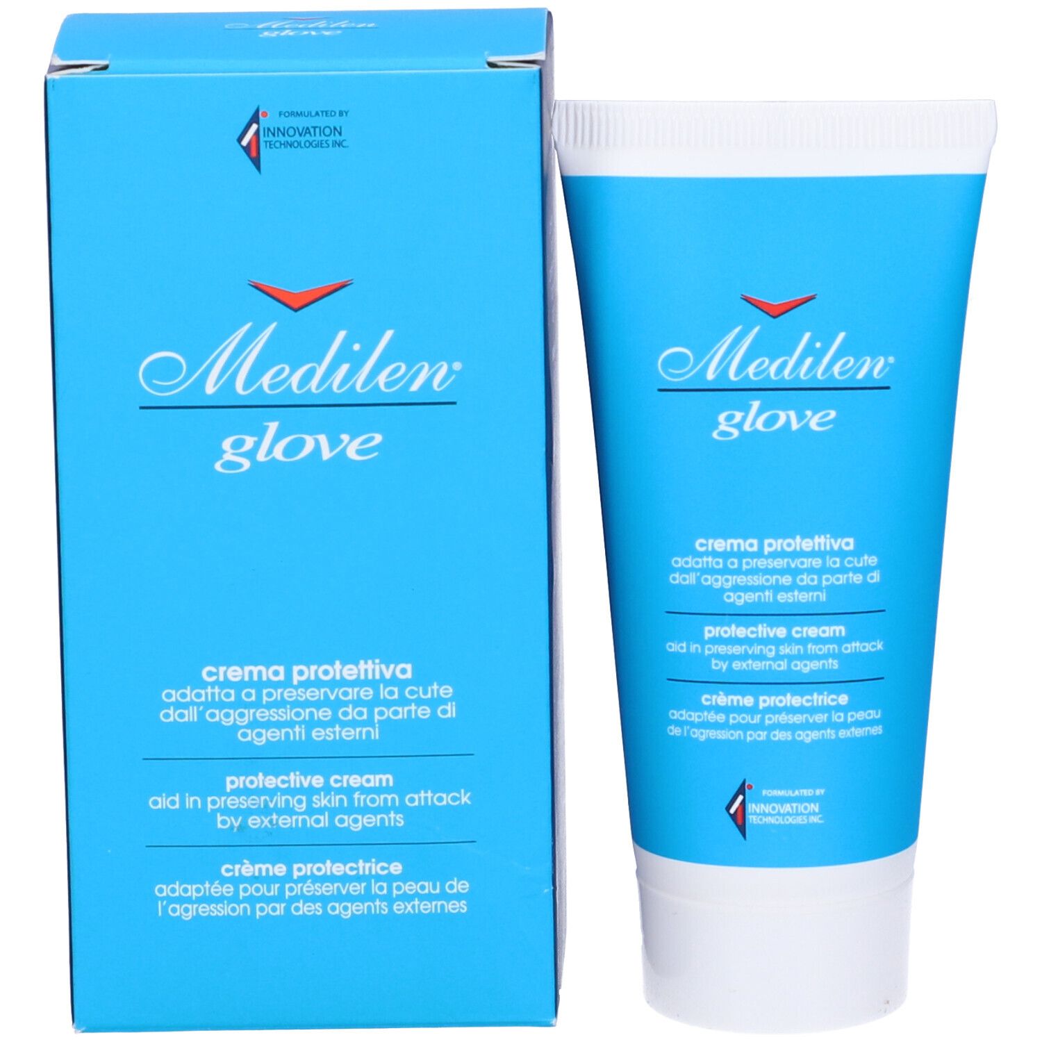 Boîte et tube bleus. Inscription : "Medilen glove", "crema protettiva".