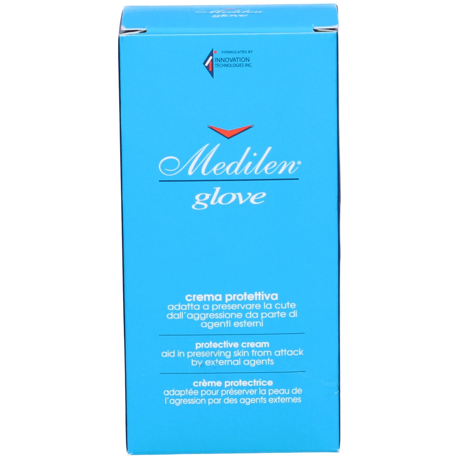 Boîte bleue. Inscription : "Medilen glove", "crema protettiva".