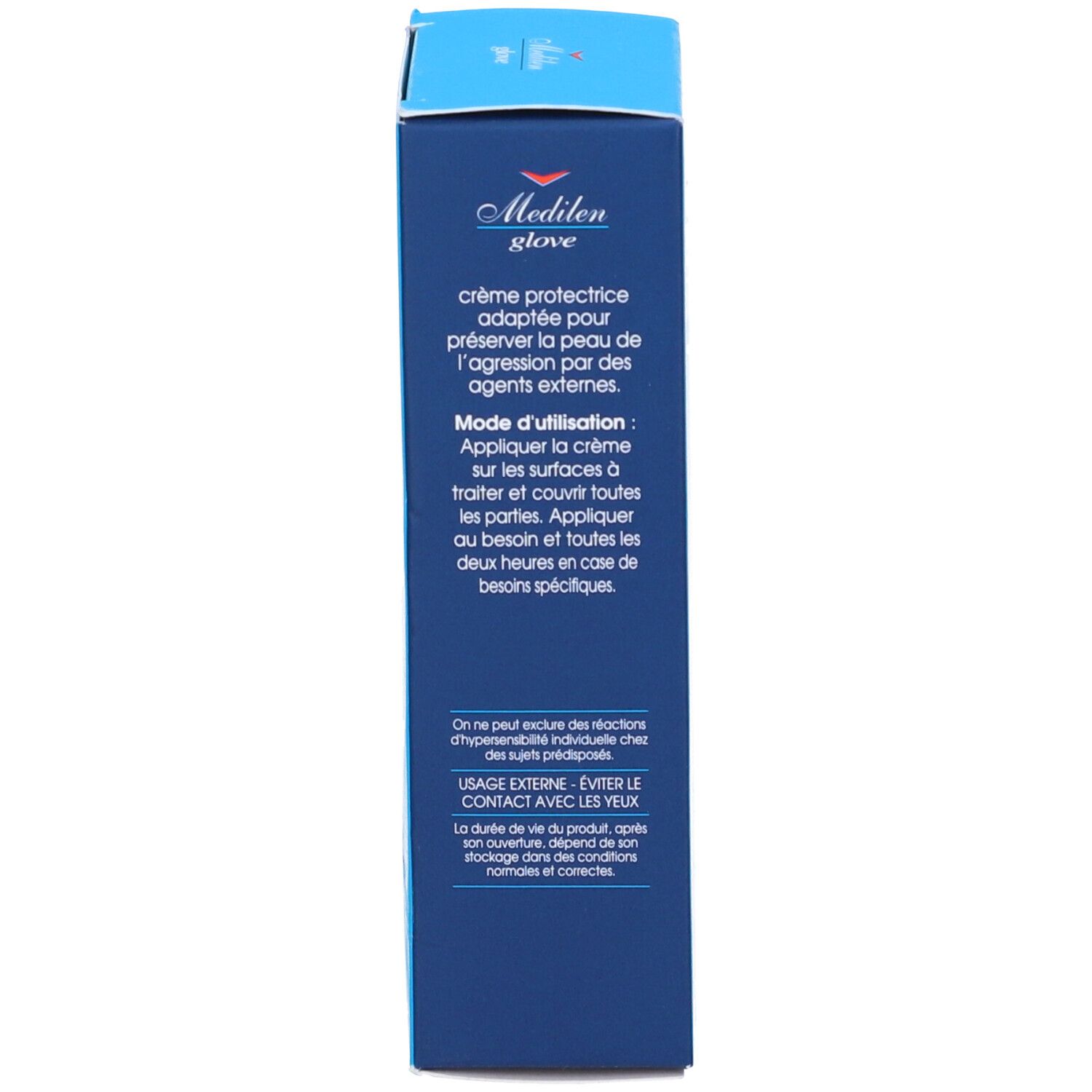 Dos de la boîte bleue. Instructions d'utilisation en français.