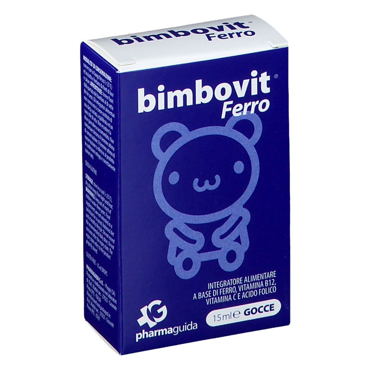 Emballage bleu Bimbovit Ferro. Logo d'ours et informations produit. Marque : Pharmaguida.