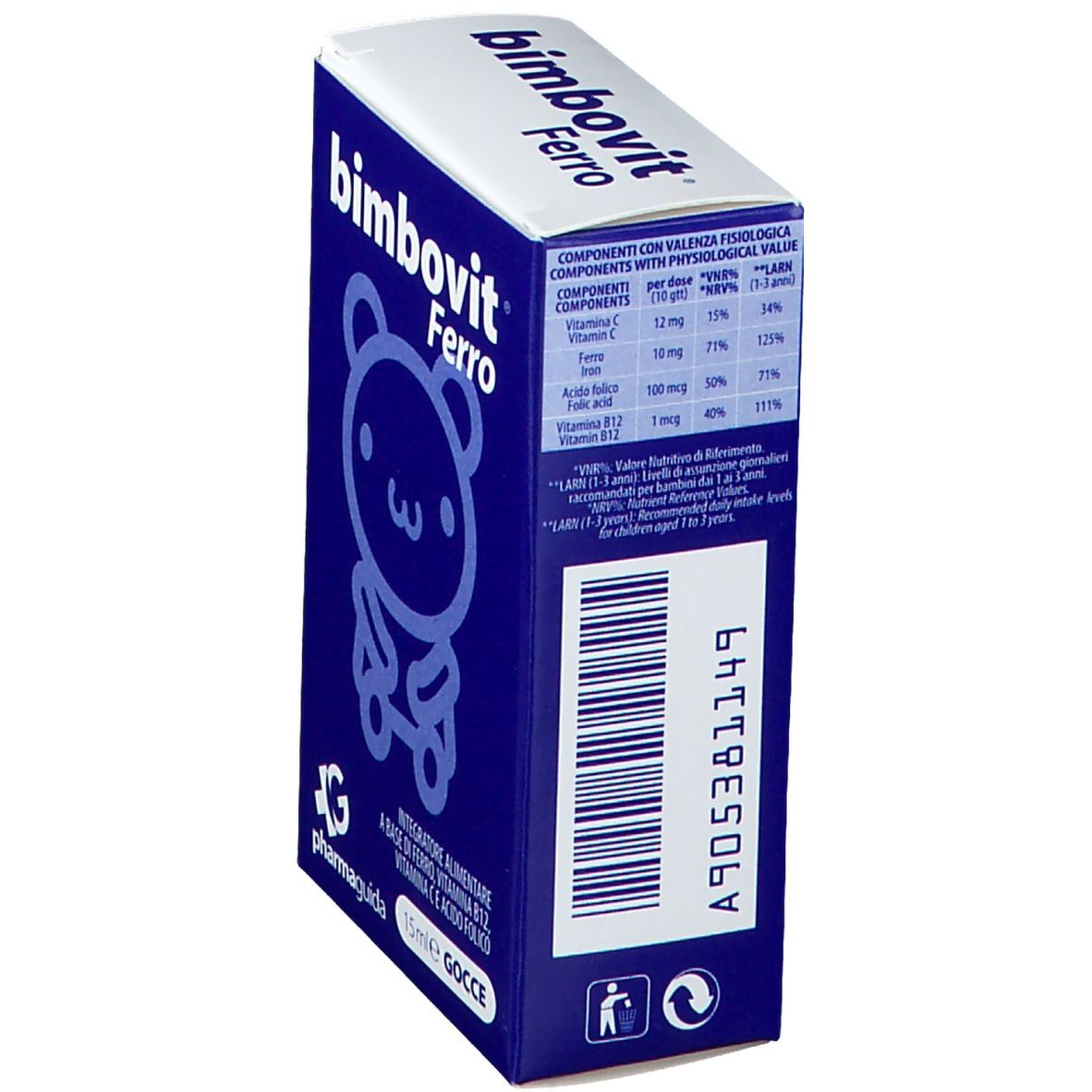 Emballage bleu Bimbovit Ferro. Logo d'ours et informations produit. Code-barres et texte sur le côté.