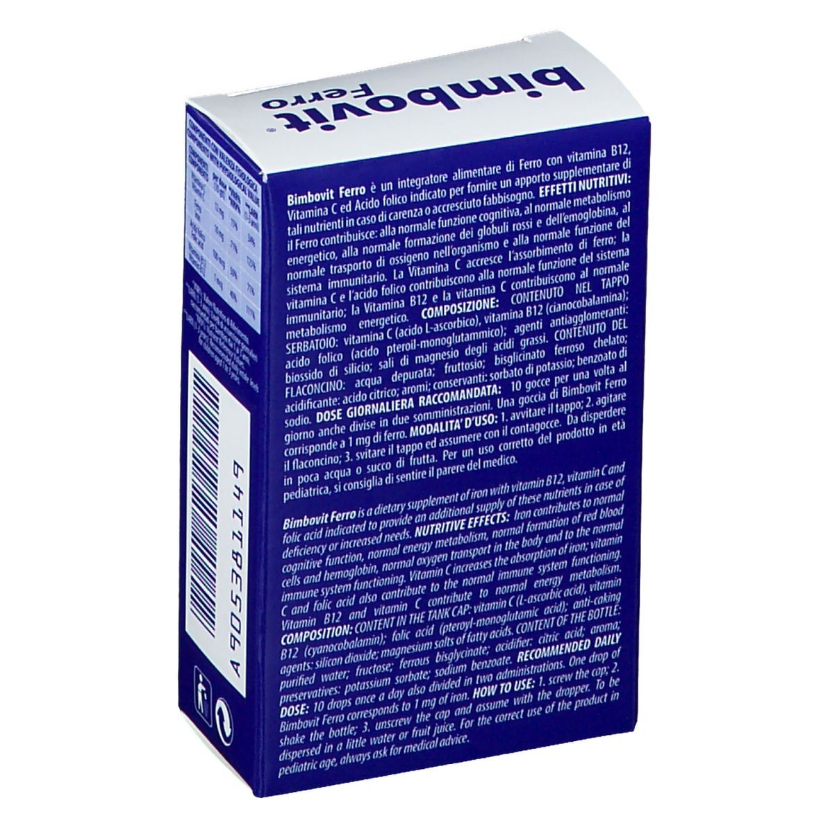 Emballage bleu Bimbovit Ferro. Texte et informations sur l'emballage. Code-barres et texte sur le côté.