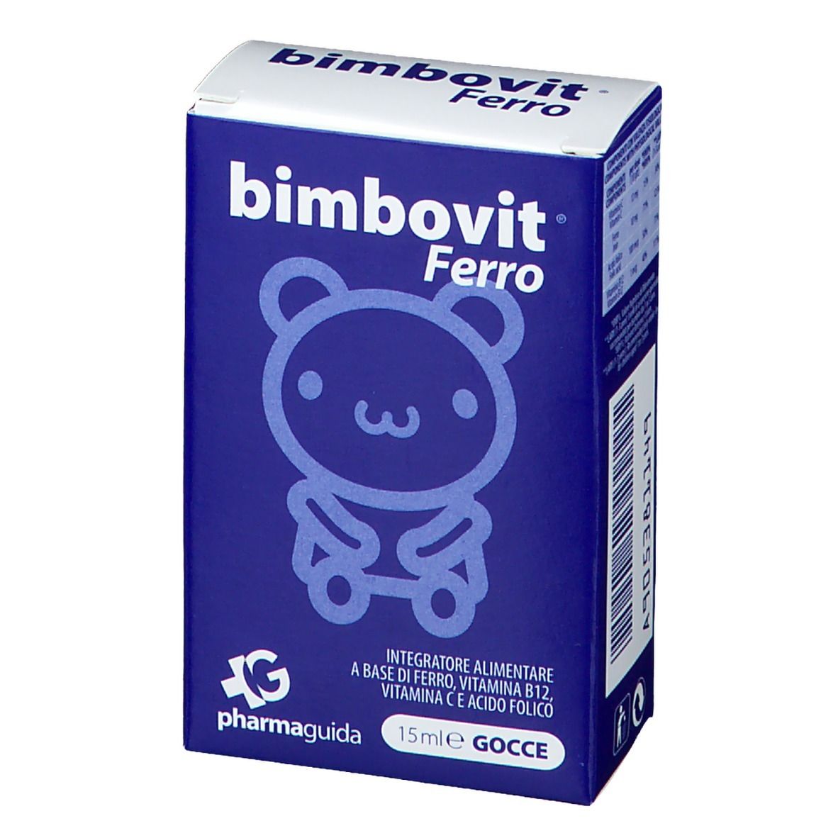 Emballage bleu Bimbovit Ferro. Logo d'ours et informations produit. Marque : Pharmaguida.