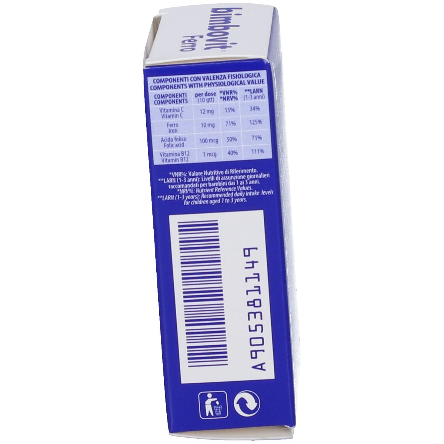 Produktverpackung, Text mit Nährwertangaben. Tabelle mit Inhaltsstoffen und Prozentwert. Recycling-Symbol.