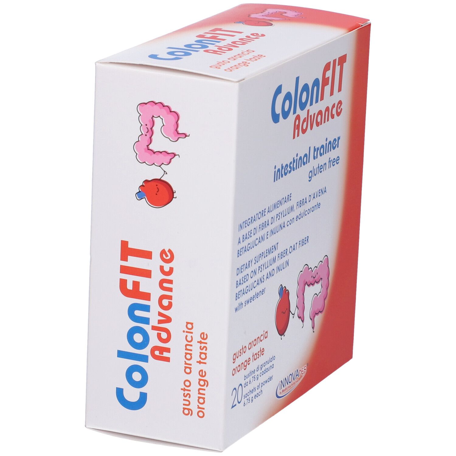 Boîte ColonFit Advance, goût orange, vue latérale. Inscriptions : Sans gluten, entraîneur intestinal.