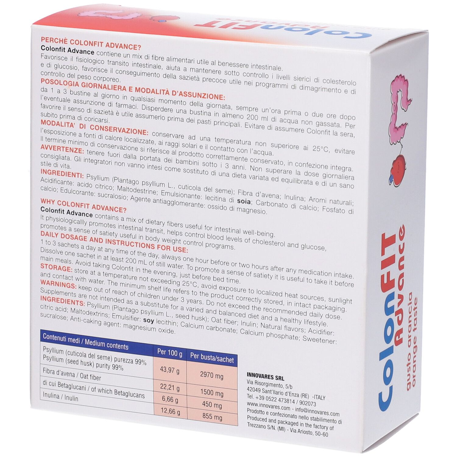 Dos de la boîte ColonFit Advance. Texte en italien. Contient ingrédients et instructions d'utilisation.