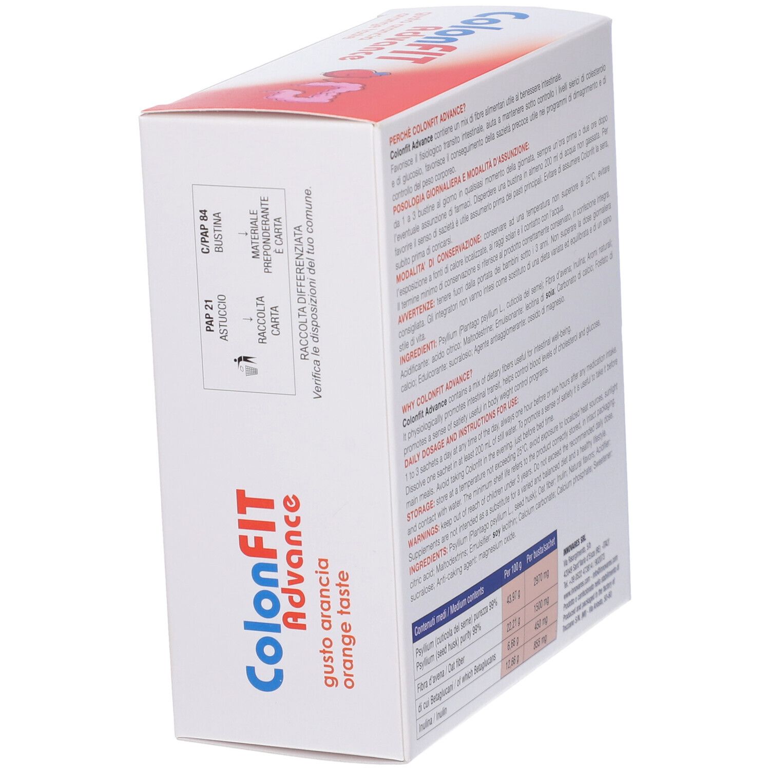 Vue latérale de la boîte ColonFit Advance. Texte en italien. Contient des informations sur l'élimination.
