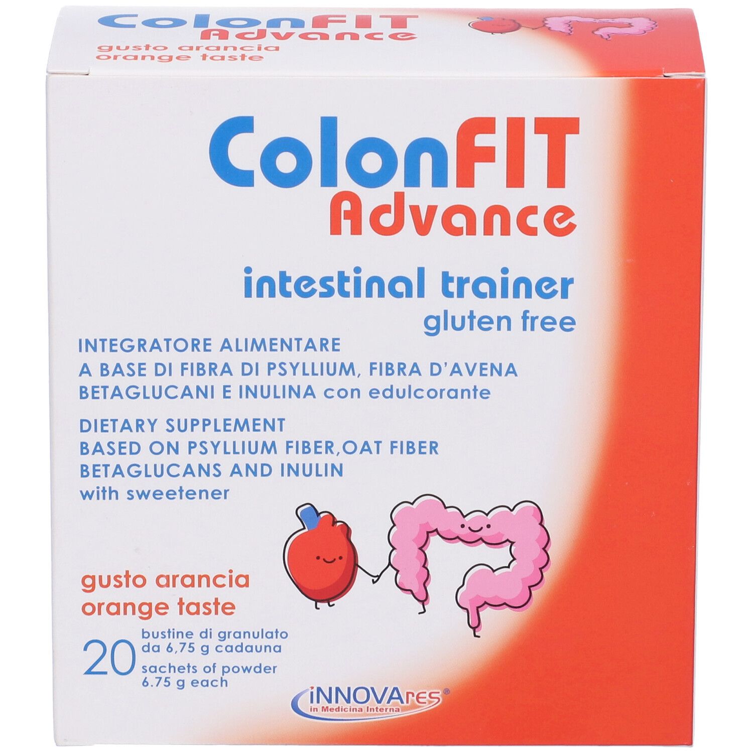 Boîte de ColonFit Advance, goût orange. Contient 20 sachets. Inscriptions : Sans gluten, entraîneur intestinal.