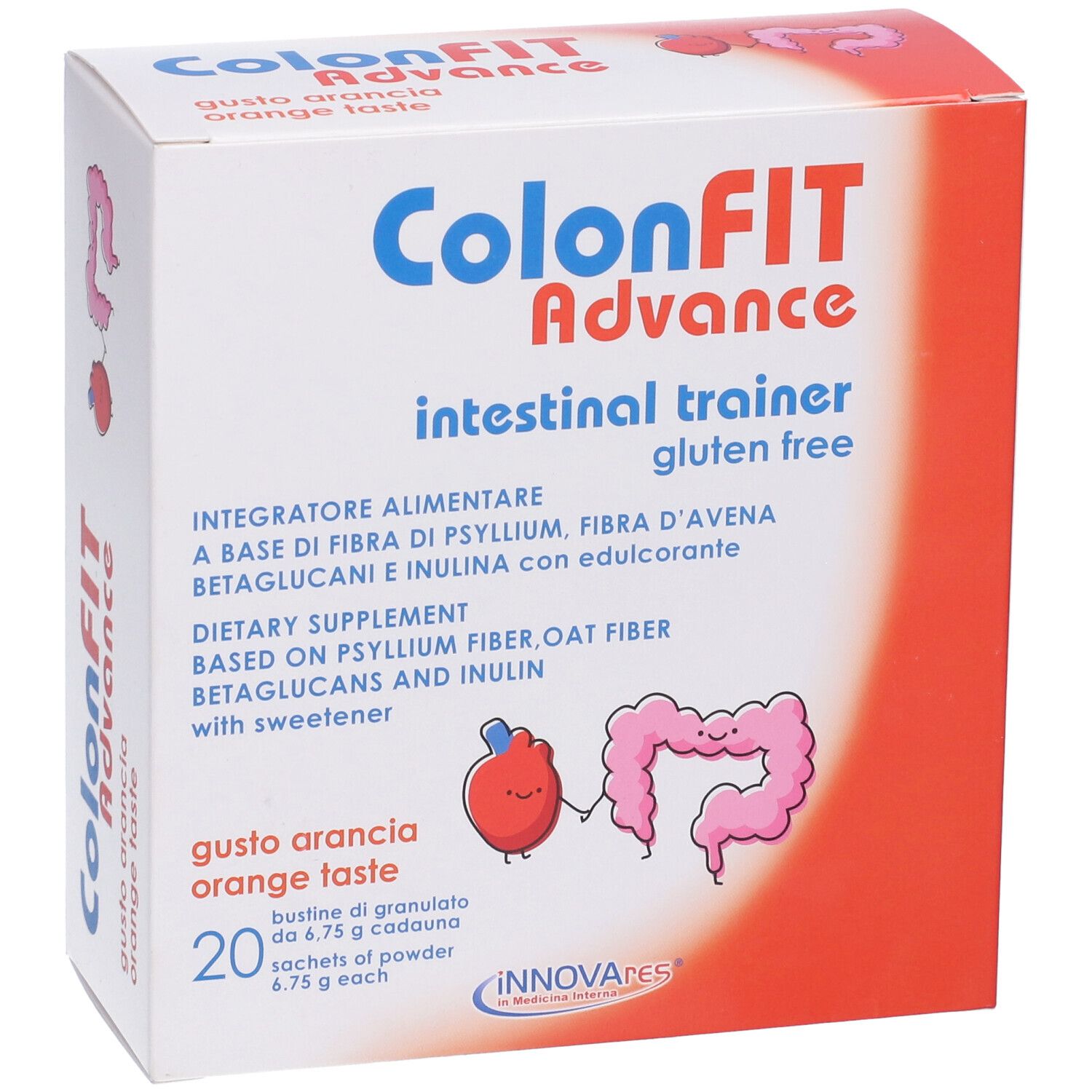 Boîte de ColonFit Advance, goût orange. Contient 20 sachets. Inscriptions : Sans gluten, entraîneur intestinal.