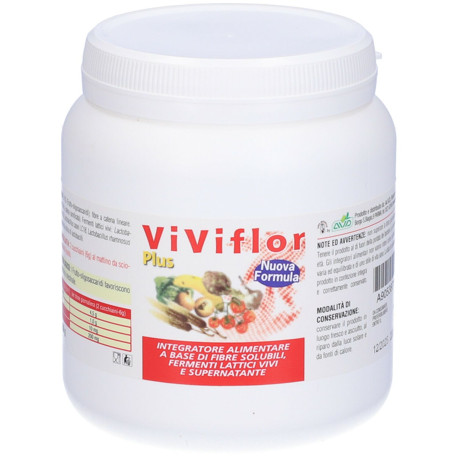 Weißer Behälter mit Deckel. Aufschrift Viviflor Plus, darunter Illustrationen von Gemüse und Früchten. Text in italienischer Sprache.