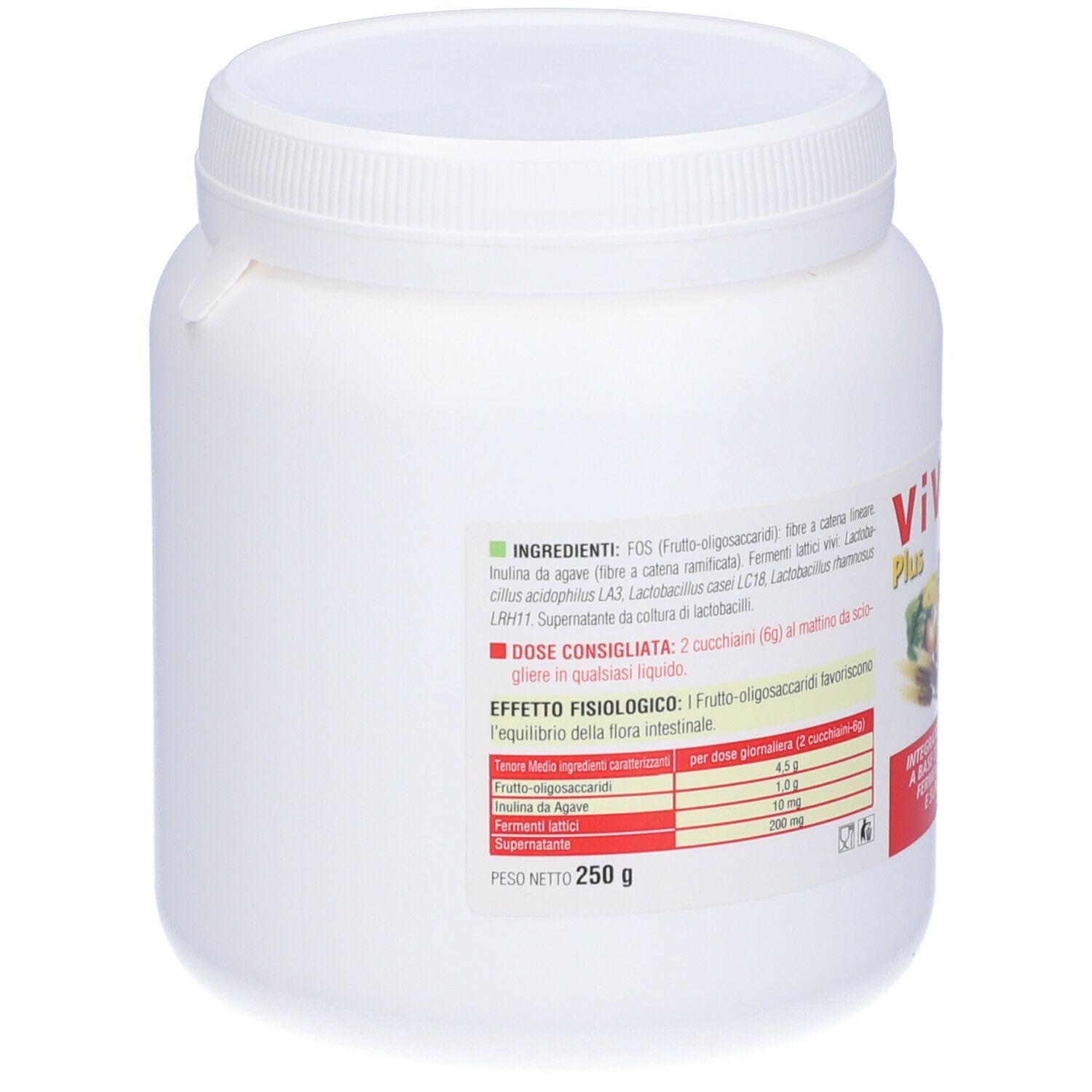 Weißer Behälter mit Deckel. Aufschrift Viviflor Plus, darunter Illustrationen von Gemüse und Früchten. Text in italienischer Sprache.
