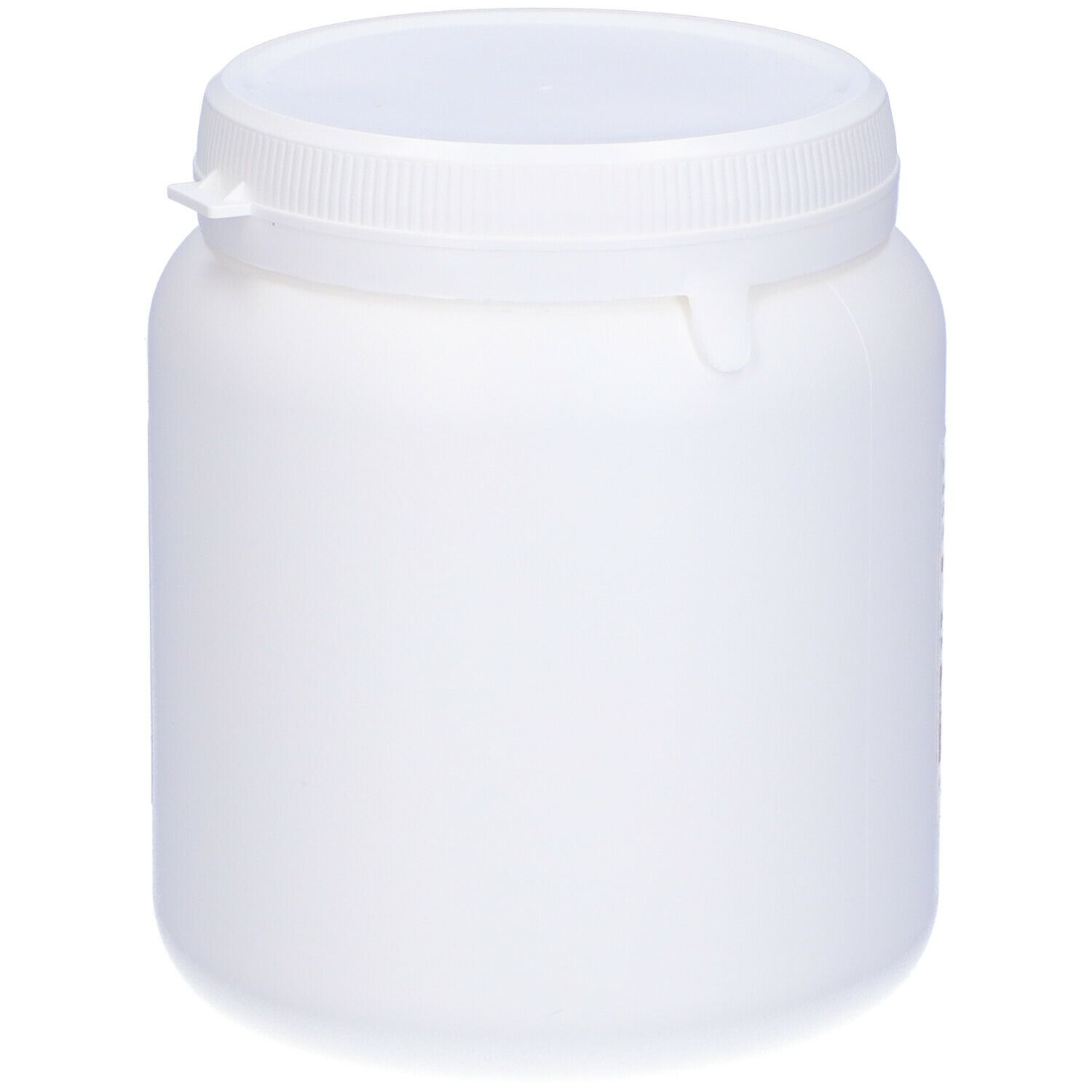 Weißer Behälter mit Deckel. Keine sichtbaren Produktinformationen. Nur die Form des Behälters ist erkennbar.