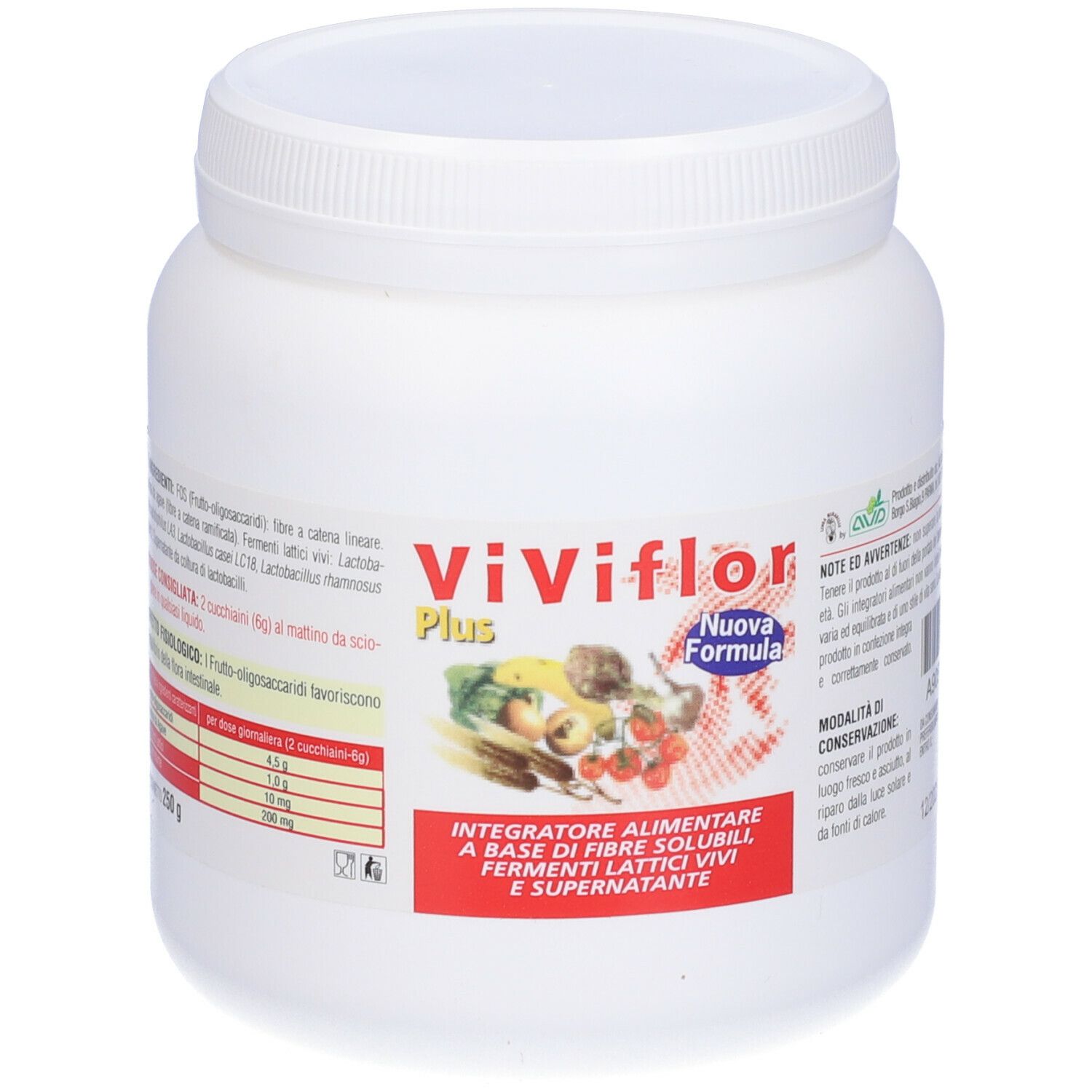 Weißer Behälter mit Deckel. Aufschrift Viviflor Plus, darunter Illustrationen von Gemüse und Früchten. Text in italienischer Sprache.