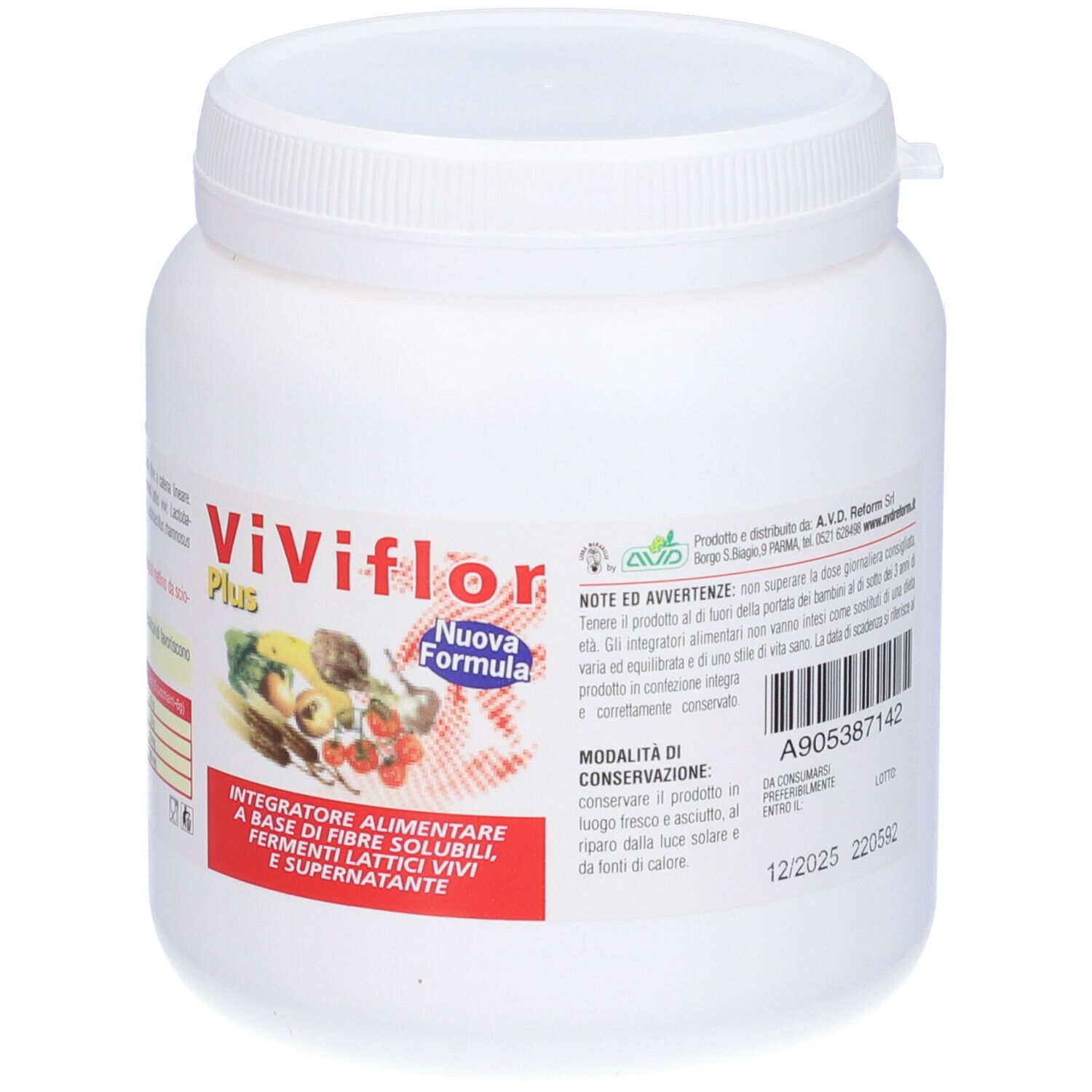 Weißer Behälter mit Deckel. Aufschrift Viviflor Plus, darunter Illustrationen von Gemüse und Früchten. Text in italienischer Sprache. Barcode.