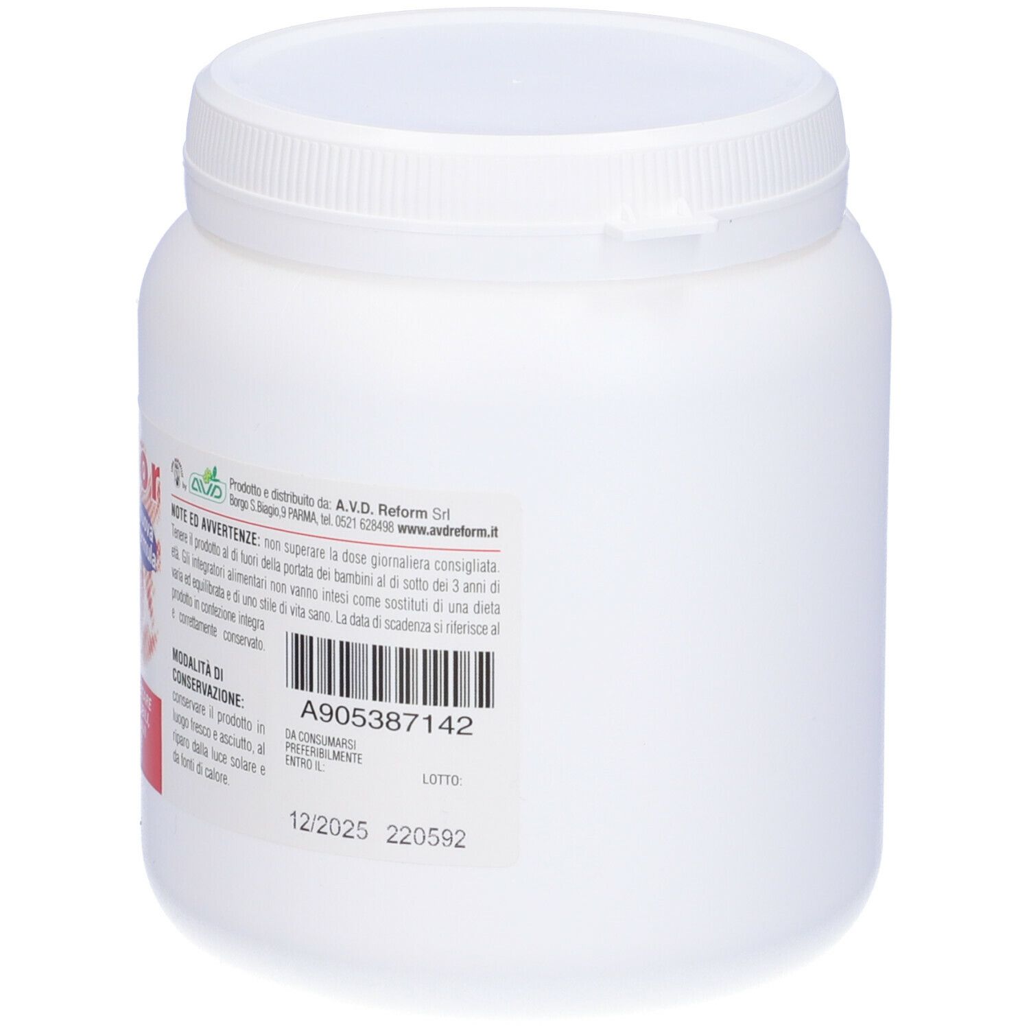 Weißer Behälter mit Deckel. Barcode und Text in italienischer Sprache. Aufschrift Viviflor Plus ist teilweise sichtbar.