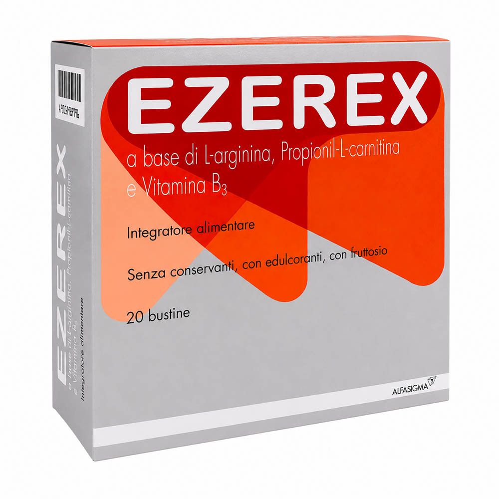 Schachtel mit "Ezerex"-Logo. Enthält L-Arginin, Propionyl-L-Carnitin, Vitamin B3. 20 Beutel. Marke: Alfasigma.
