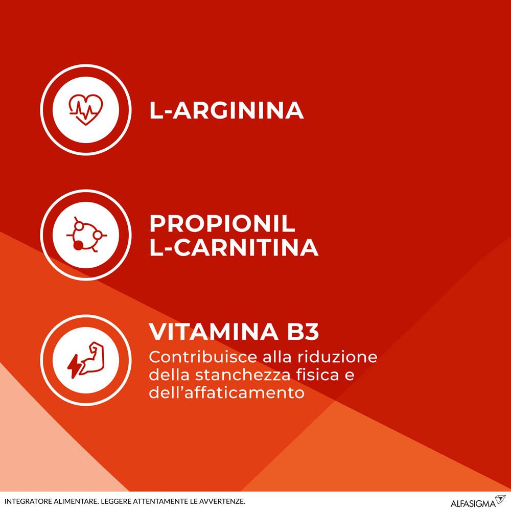 Grafik mit Inhaltsstoffen: L-Arginin, Propionyl-L-Carnitin, Vitamin B3. Hilft Müdigkeit zu reduzieren.