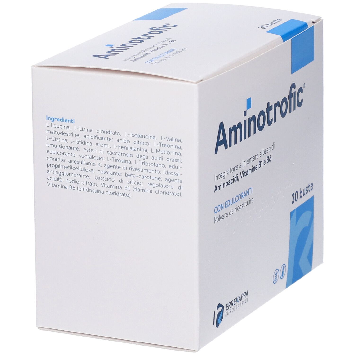 Weiße Schachtel mit blauen Akzenten. Aufschrift: Aminotrofic. Zutatenliste auf der linken Seite.