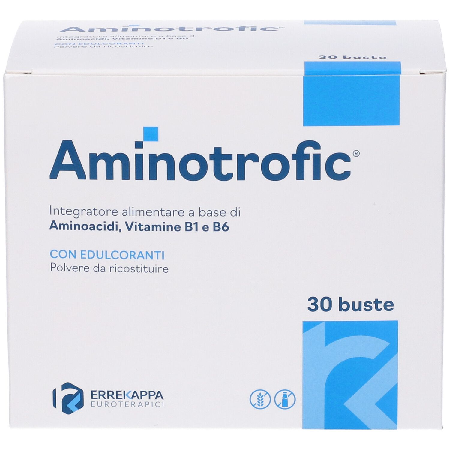 Weiße Schachtel mit blauen Akzenten. Aufschrift: Aminotrofic, 30 Beutel. Enthält Aminosäuren, Vitamin B1 und B6.