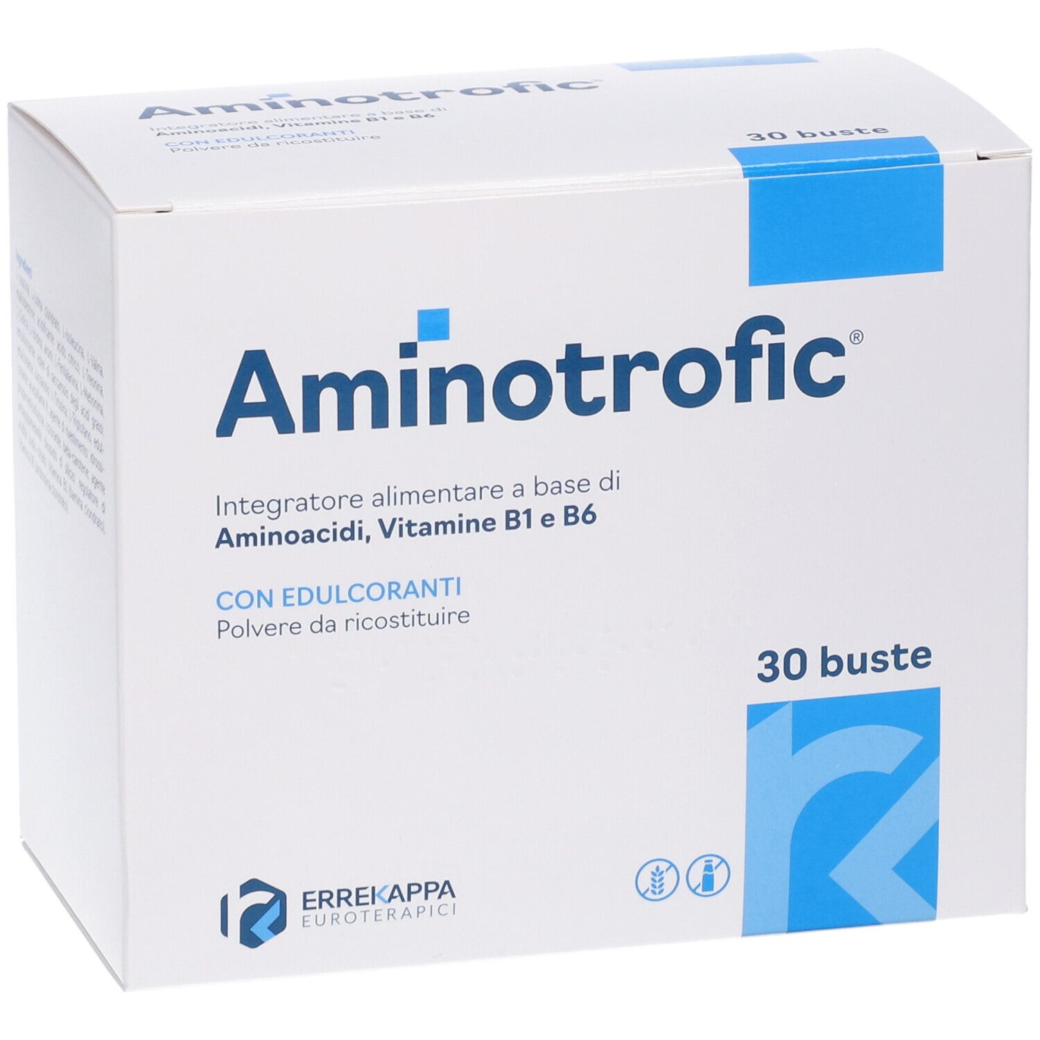 Weiße Schachtel mit blauen Akzenten. Aufschrift: Aminotrofic, 30 Beutel. Enthält Aminosäuren, Vitamin B1 und B6.