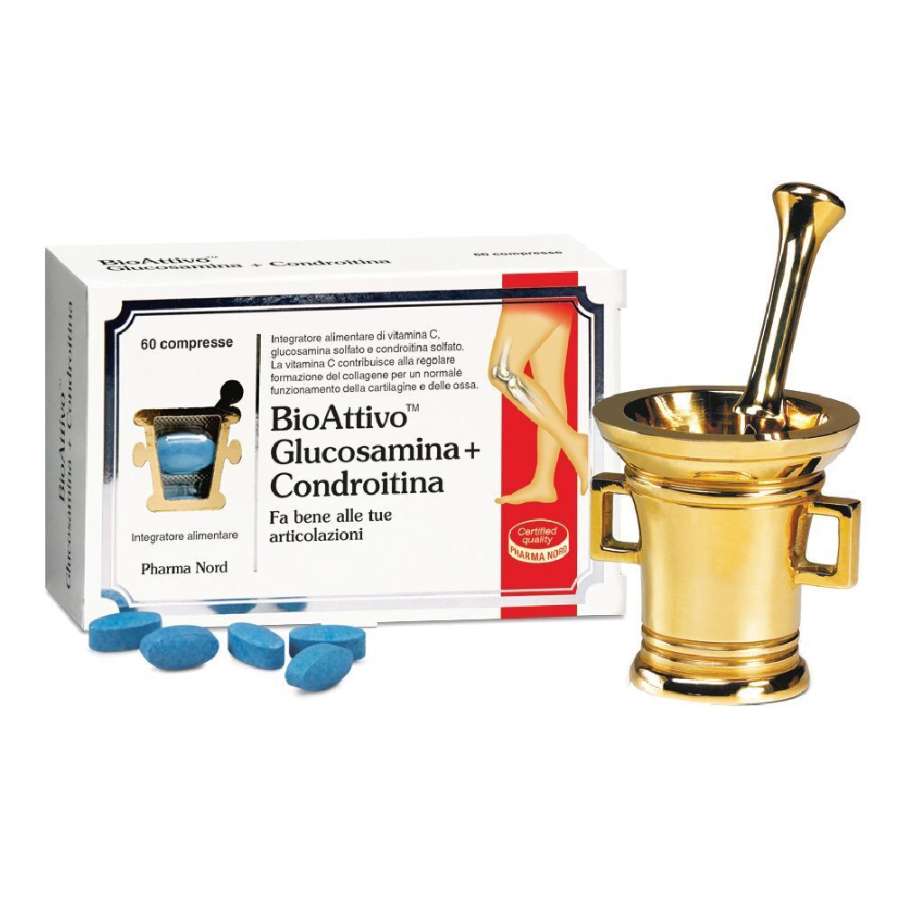 Boîte de comprimés et mortier doré. Inscription : BioAttivo Glucosamina+Condroitina. 60 comprimés. Pharma Nord.