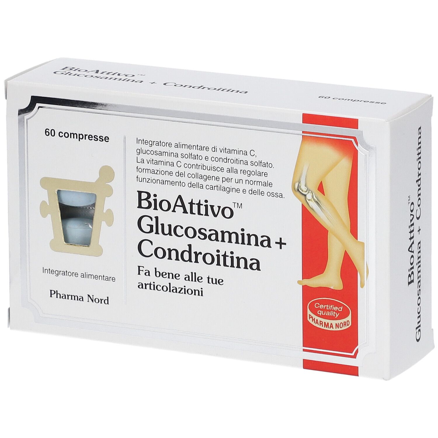 Boîte blanche avec inscription : BioAttivo Glucosamina+Condroitina. 60 comprimés. Pharma Nord. Illustration d'une jambe.