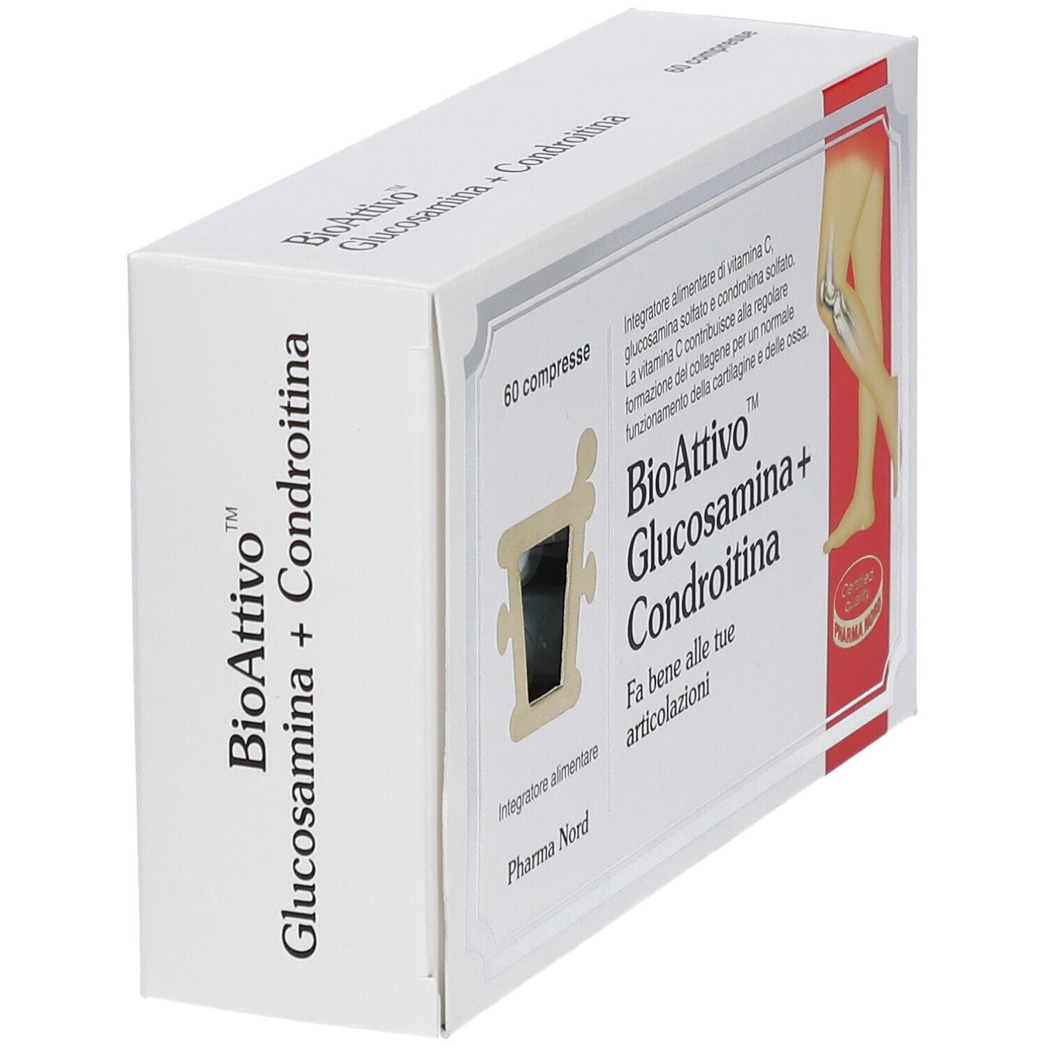 Boîte avec inscription : BioAttivo Glucosamina+Condroitina. 60 comprimés. Pharma Nord. Vue de dessus.