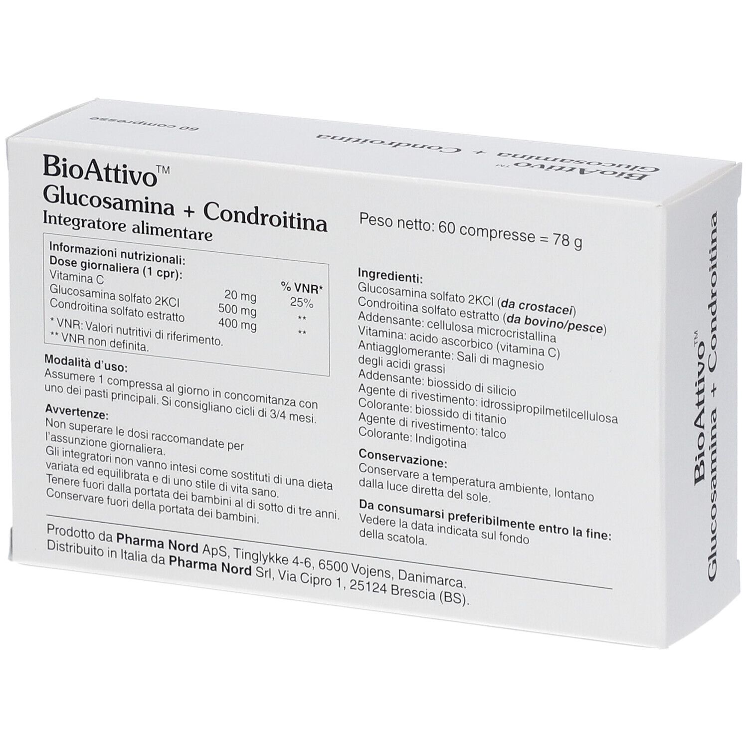 Dos de la boîte avec inscription : BioAttivo Glucosamina+Condroitina. 60 comprimés. Pharma Nord. Ingrédients et informations nutritionnelles.