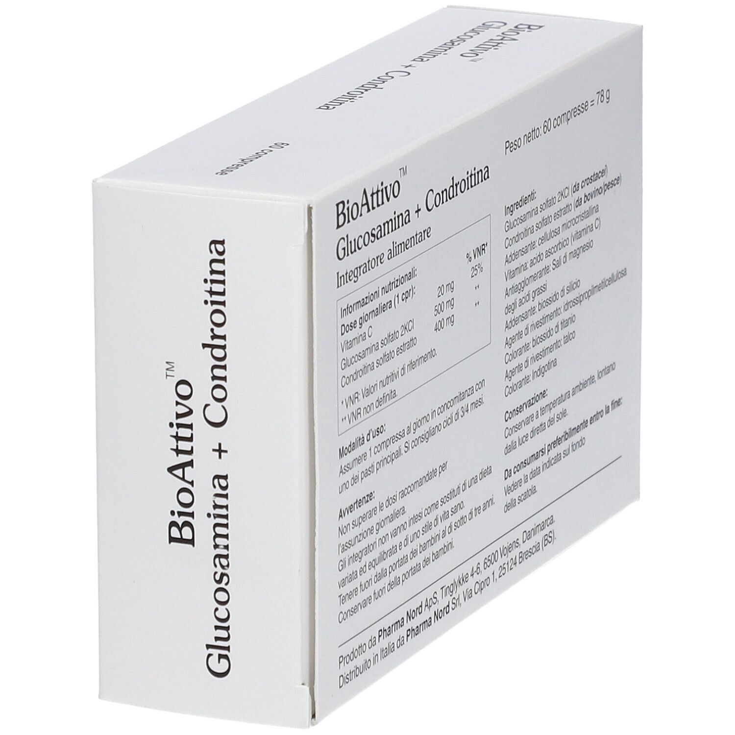 Boîte avec inscription : BioAttivo Glucosamina+Condroitina. 60 comprimés. Pharma Nord. Vue de dessus.