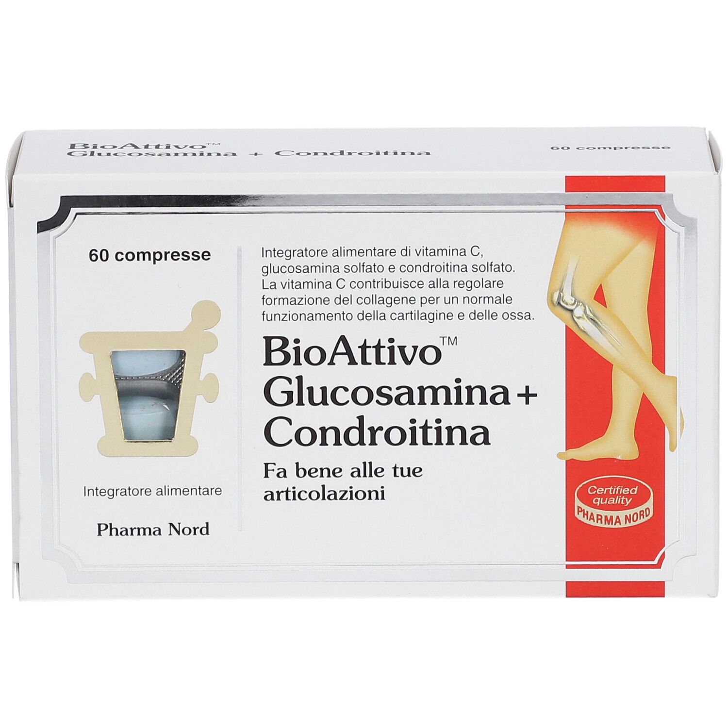 Boîte blanche avec inscription : BioAttivo Glucosamina+Condroitina. 60 comprimés. Pharma Nord. Illustration d'une jambe.