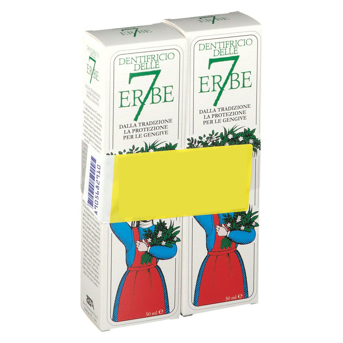 Deux boîtes de dentifrice "7 Erbe". Inscriptions en italien. Autocollant jaune masquant du texte. Illustration d'une femme.