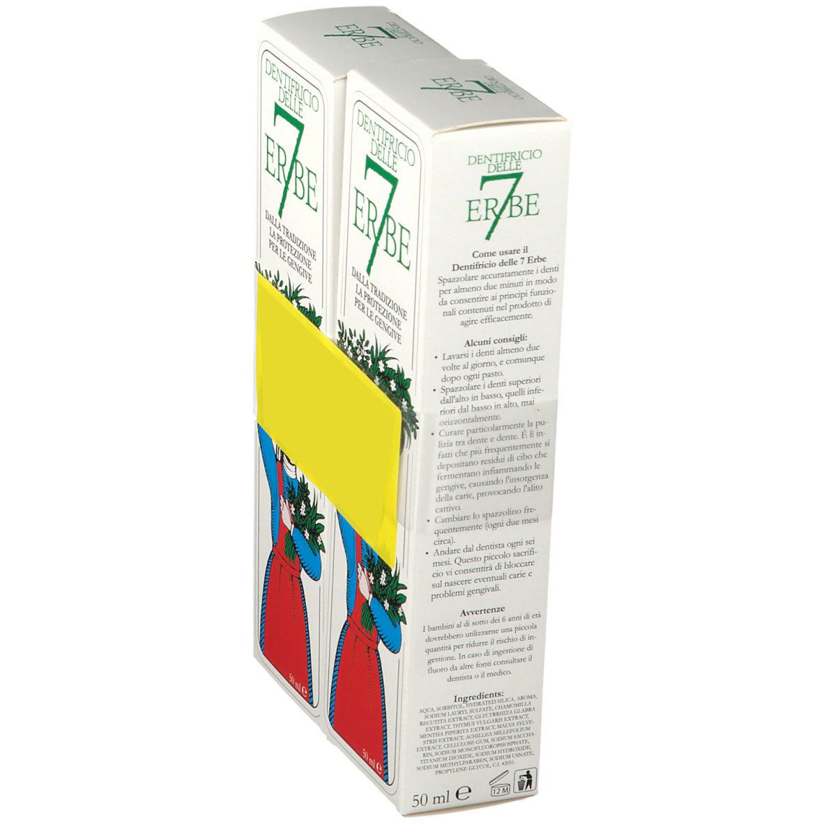 Deux boîtes de dentifrice "7 Erbe". Texte italien. Autocollant jaune masquant du texte. Vue latérale avec informations et illustrations.