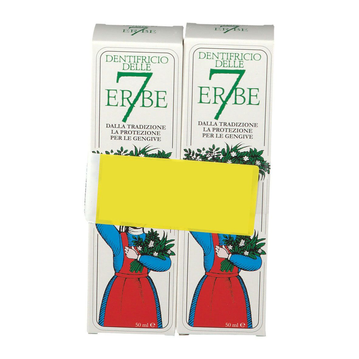 Deux boîtes de dentifrice "7 Erbe". Texte italien. Autocollant jaune masquant du texte. Illustration d'une femme avec des fleurs.