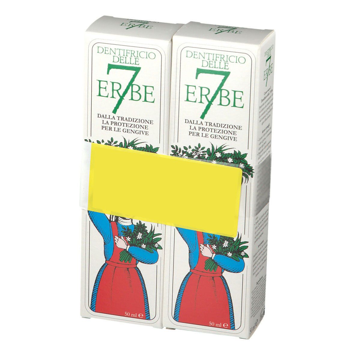 Deux boîtes de dentifrice "7 Erbe". Texte italien. Autocollant jaune masquant du texte. Illustration d'une femme avec des fleurs.