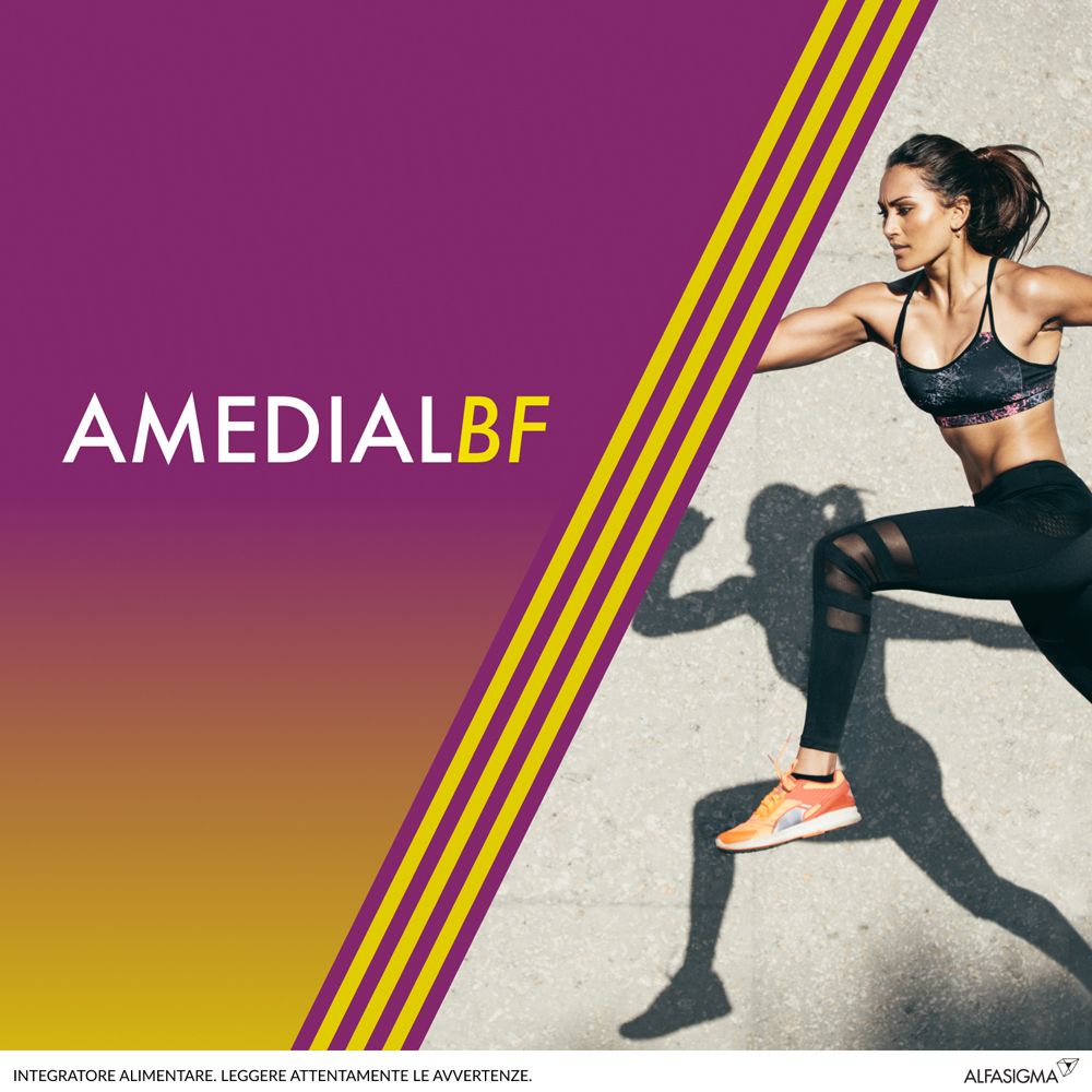 Sportliche Frau rennt. Hintergrund mit AMEDIAL BF und ALIFASIGMA Logo.