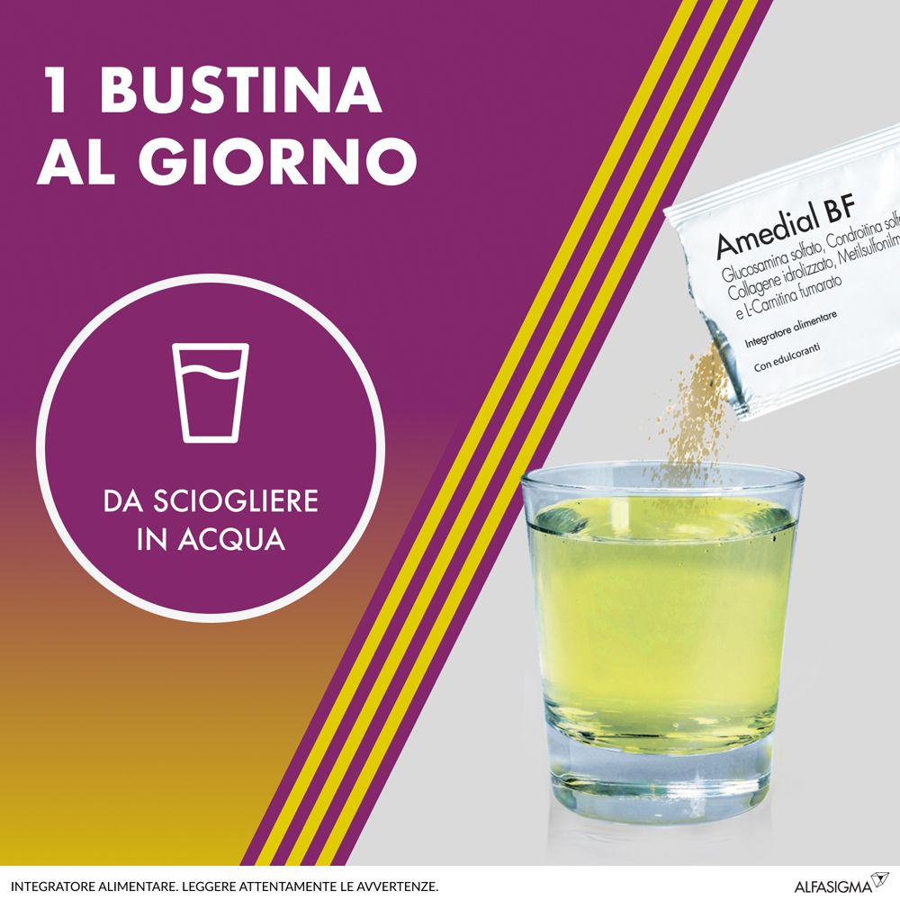 Grafik: 1 Beutel pro Tag in Wasser auflösen. Glas mit gelber Flüssigkeit und Beutel AMEDIAL BF.