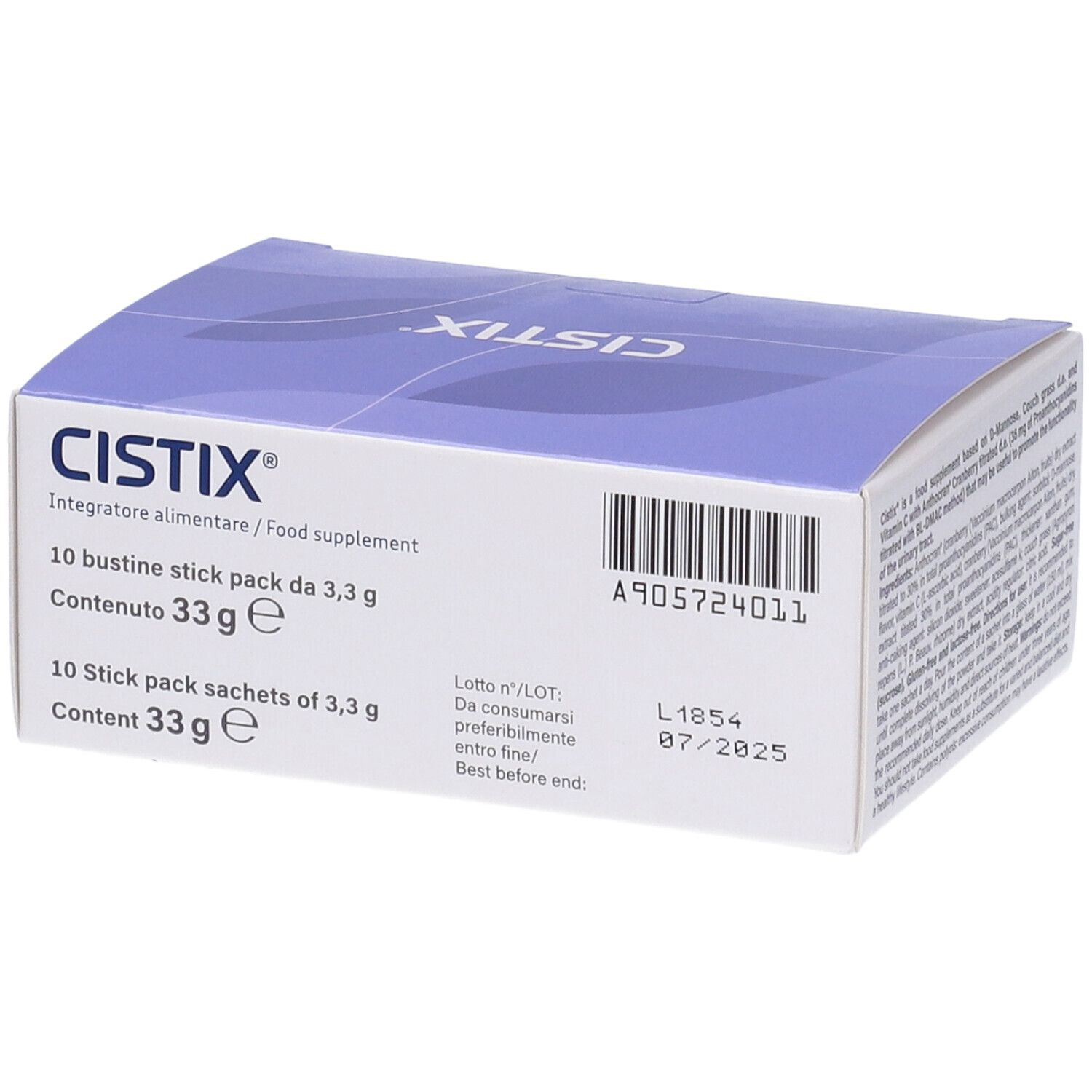 Boîte Cistix, 10 sachets. Inscription: Integratore Alimentare. Contenu 33g. Code-barres et date de péremption.