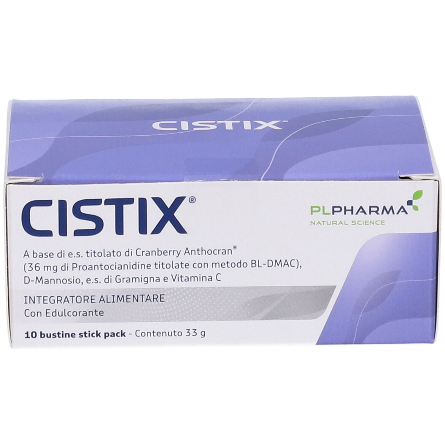 Boîte Cistix, 10 sachets. Ingrédient: Cranberry Anthocran. Inscription: Integratore Alimentare. Contenu 33g.