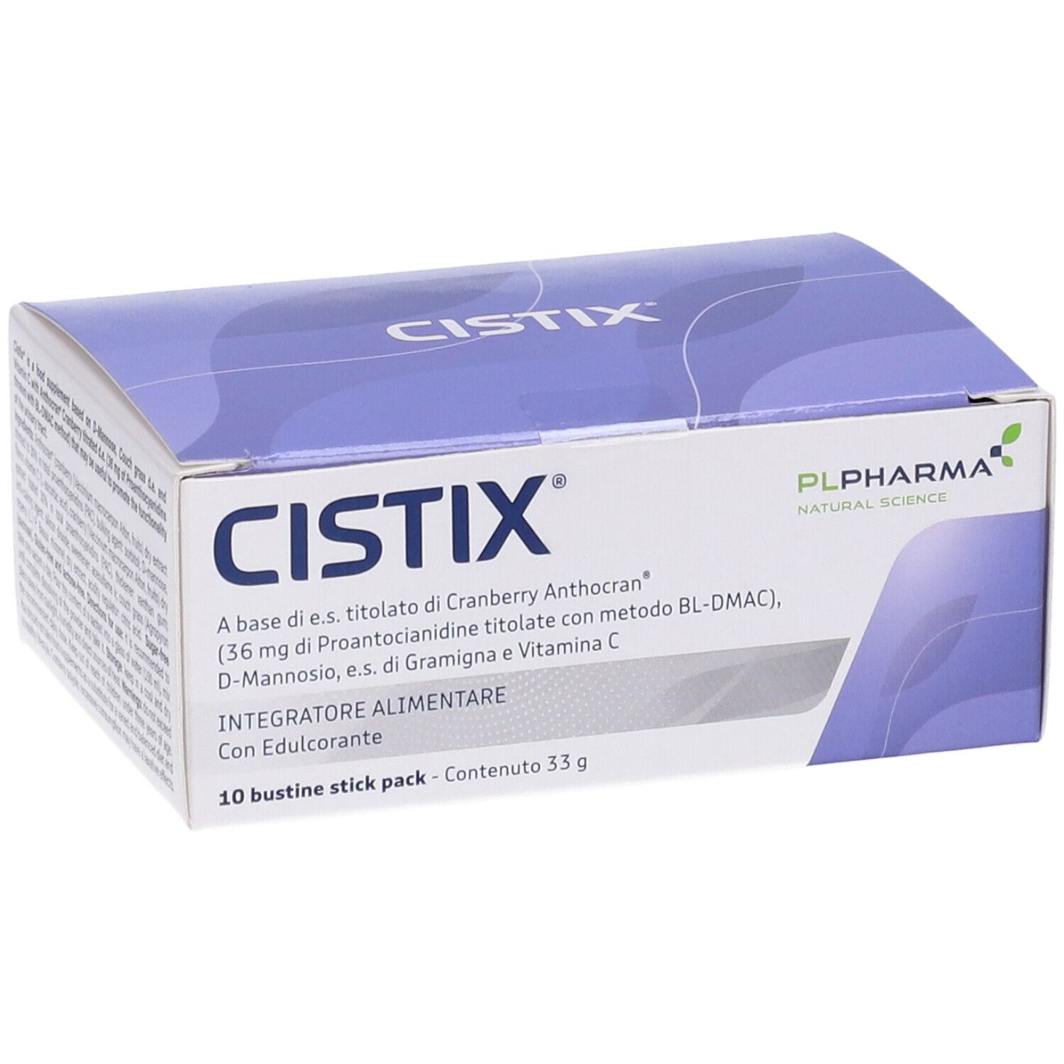 Boîte Cistix, 10 sachets. Ingrédient: Cranberry Anthocran. Inscription: Integratore Alimentare. Contenu 33g.