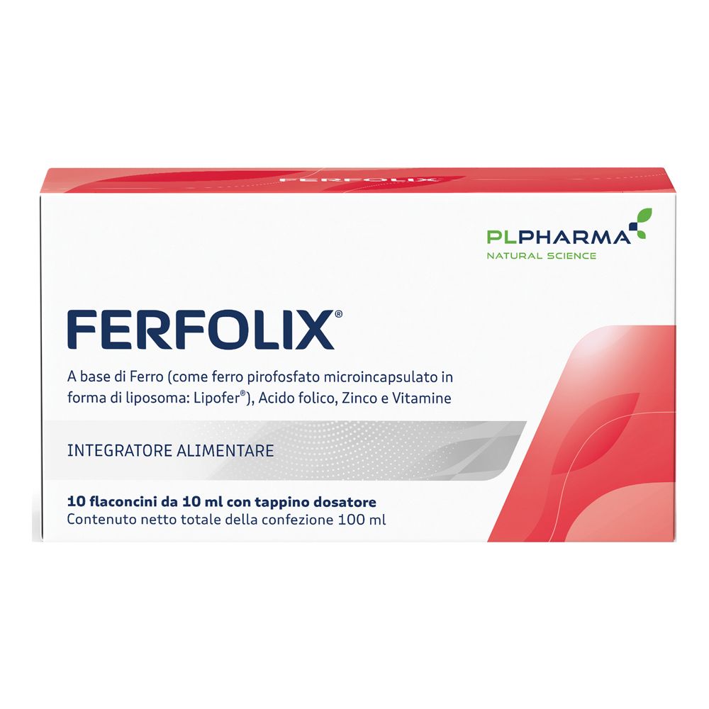 Boîte de Ferfolix. Contient 10 flacons avec bouchon doseur. Inscription: Integratore Alimentare. Marque: PL Pharma.
