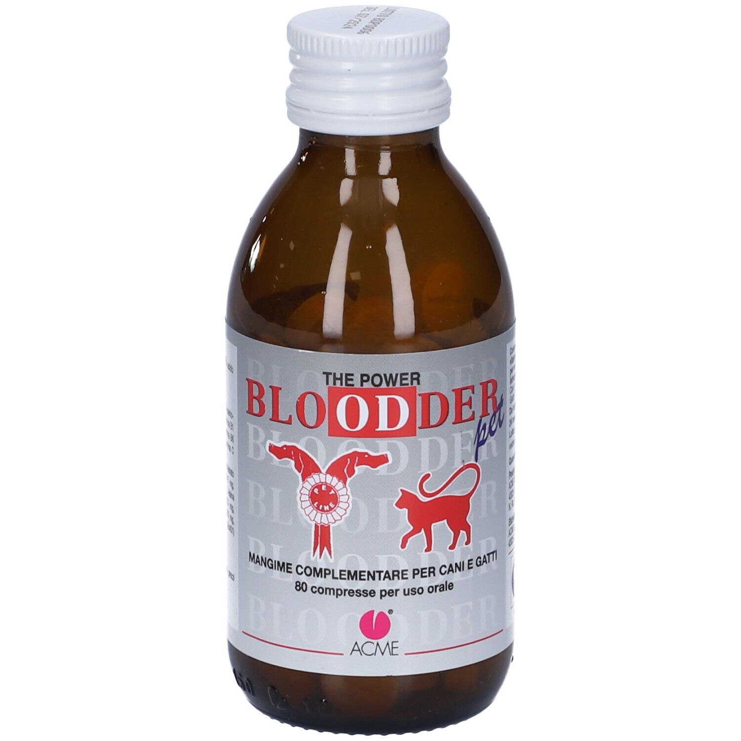 Braune Glasflasche mit weißem Deckel. Aufschrift: BLOODDER, 80 Compresse. Abbildung: Katze und Hund. Marke: ACME.