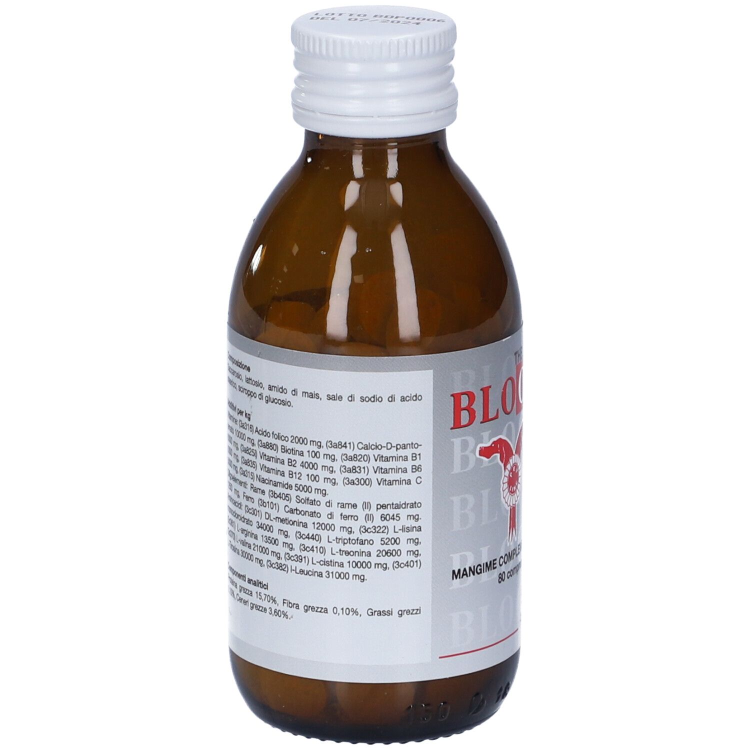 Rückseite der braunen Glasflasche. Text mit Inhaltsstoffen und Nährwertangaben. Weißer Deckel. Etikett mit Inhaltsstoffen.