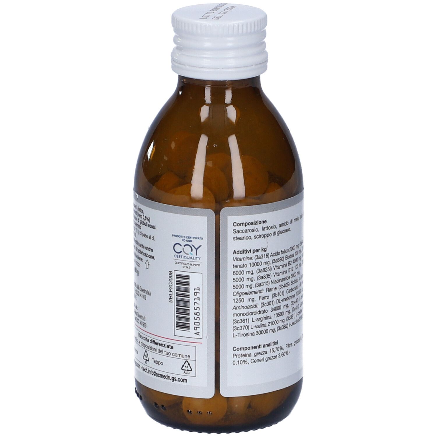 Rückseite der braunen Glasflasche. Text mit Inhaltsstoffen und Nährwertangaben. Weißer Deckel. Etikett mit Inhaltsstoffen.