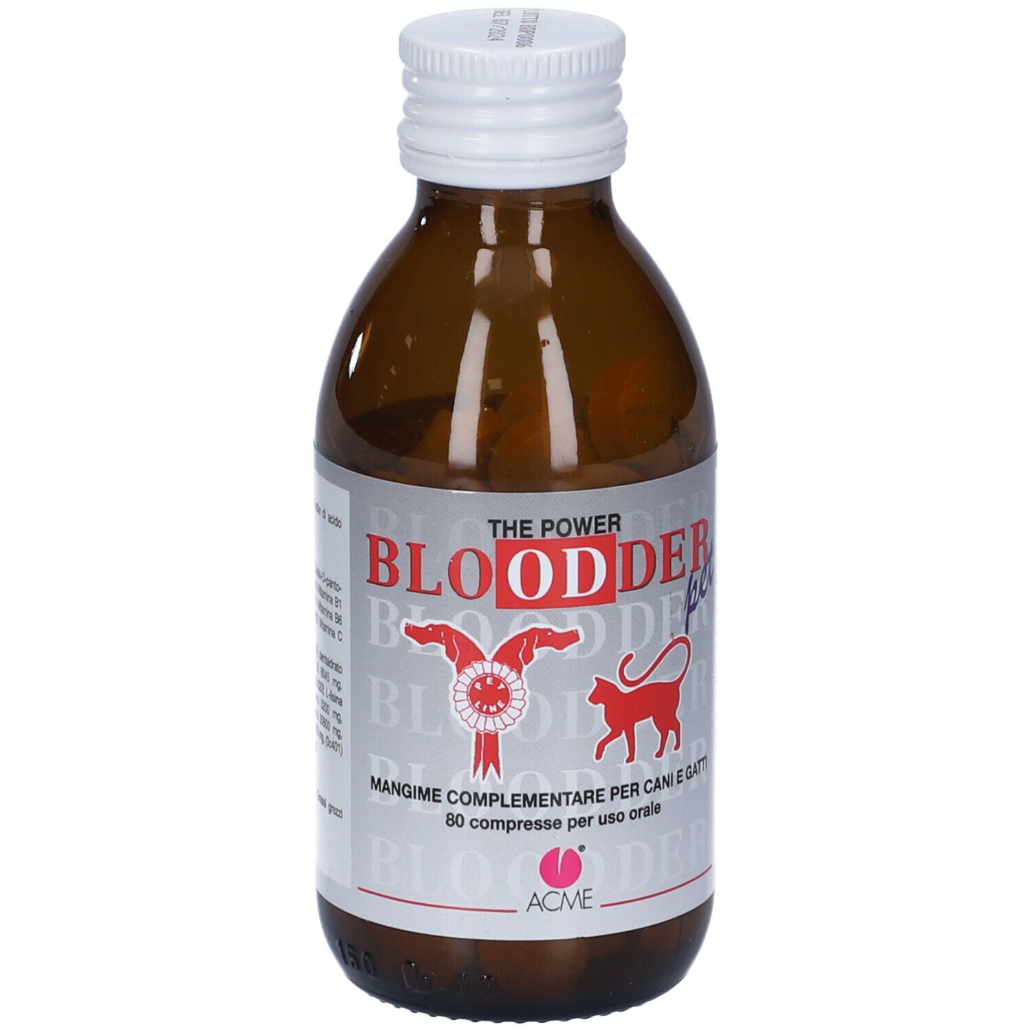 Braune Glasflasche mit weißem Deckel. Aufschrift: BLOODDER, 80 Compresse. Abbildung: Katze und Hund. Marke: ACME.