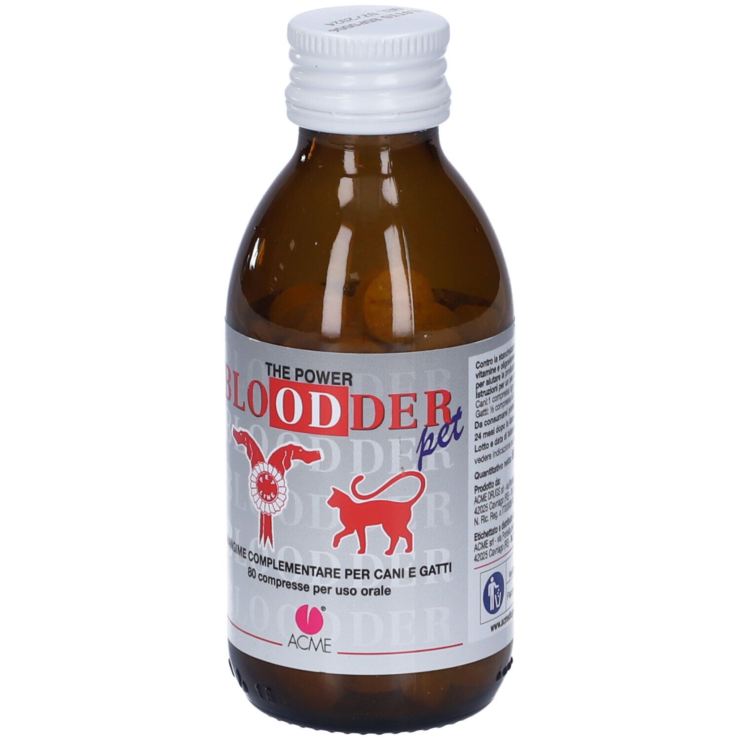 Braune Glasflasche mit weißem Deckel. Aufschrift: BLOODDER pet, 80 Compresse. Abbildung: Katze und Hund. Marke: ACME.