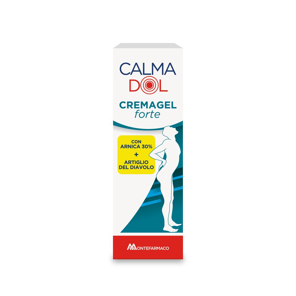Emballage Calmadol Crèmagel Forte. Contient Arnica 30% et griffe du diable. Blanc, bleu et rouge.