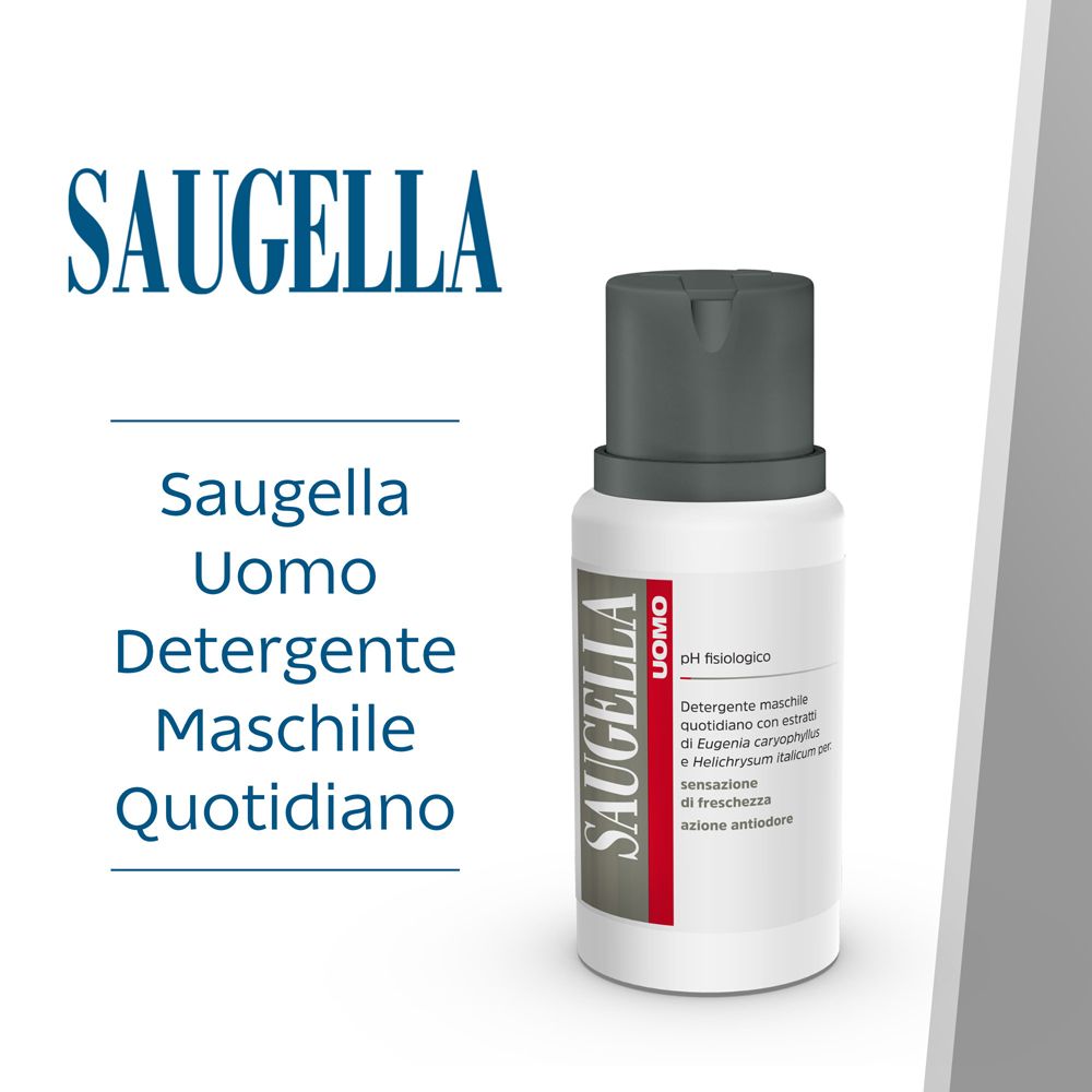Flacon de produit avec logo SAUGELLA et texte: Saugella Uomo Detergente Maschile Quotidiano.