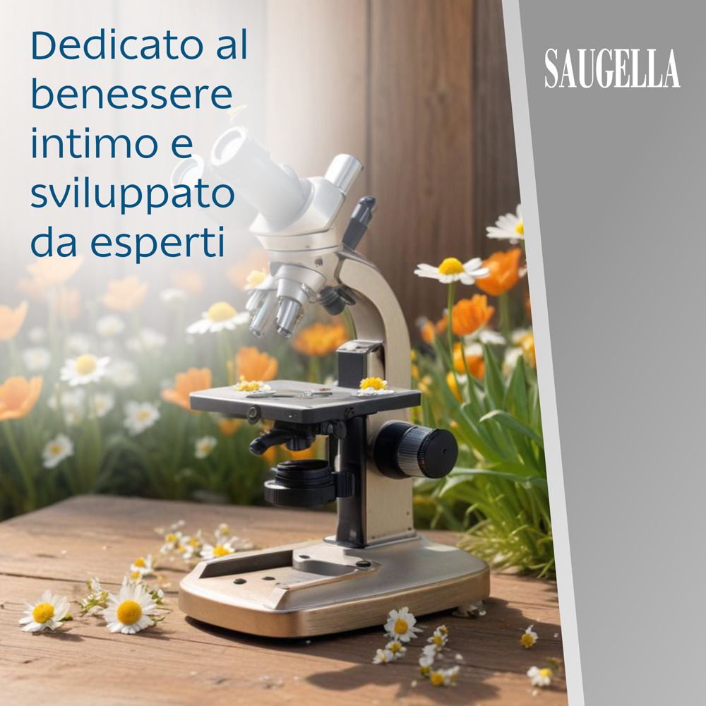 Microscope sur surface en bois avec fleurs. Texte: Dedicato al benessere intimo e sviluppato da esperti. Logo SAUGELLA.
