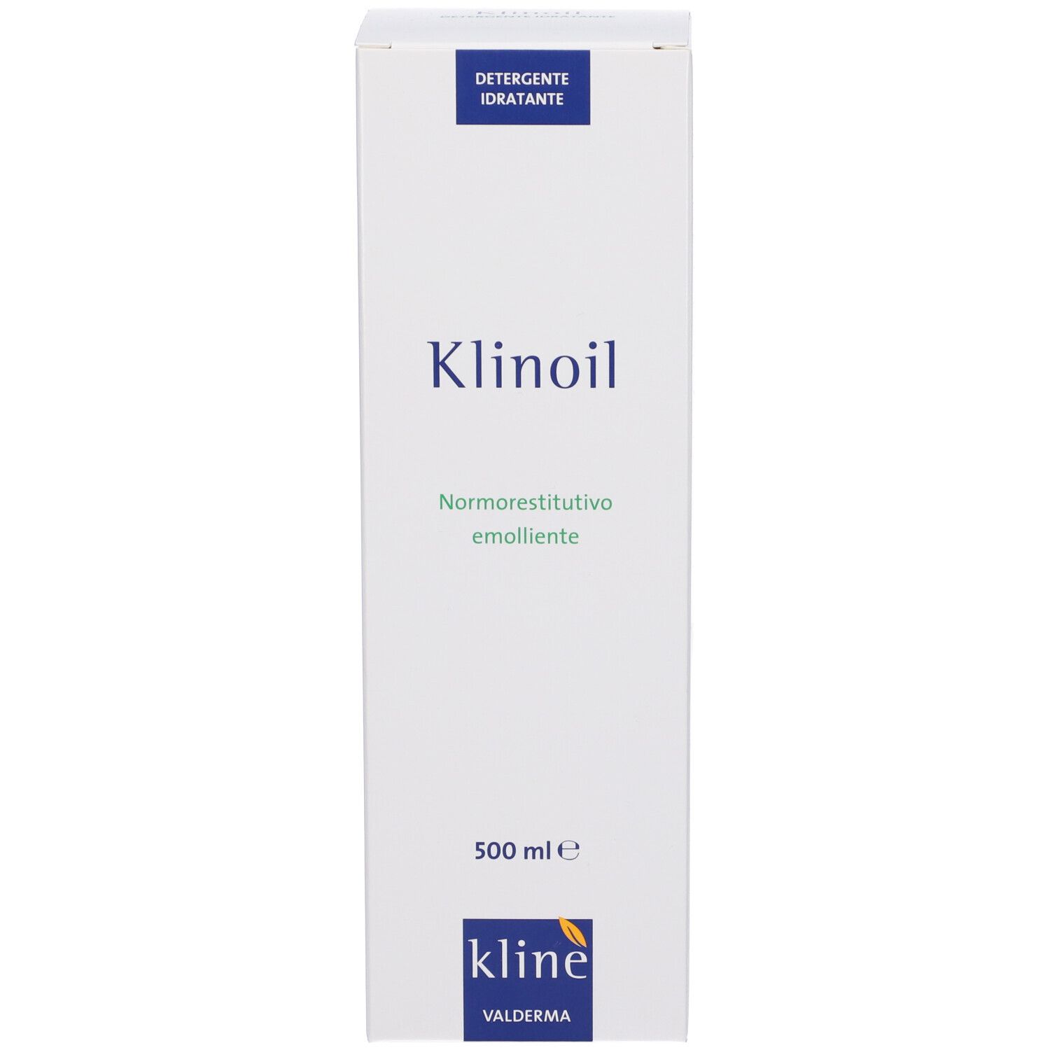 Produktverpackung. Weiße Schachtel mit Klinoil-Etikett. Enthält 500 ml. Aufschrift: Detergente idratante.