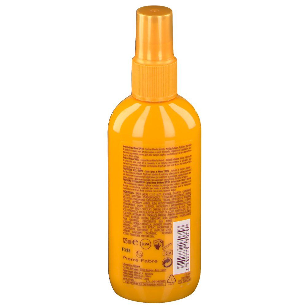 Gelbe Sprühflasche, Rückseite. Text in kleiner Schrift. Herstellerlogo und Informationen.